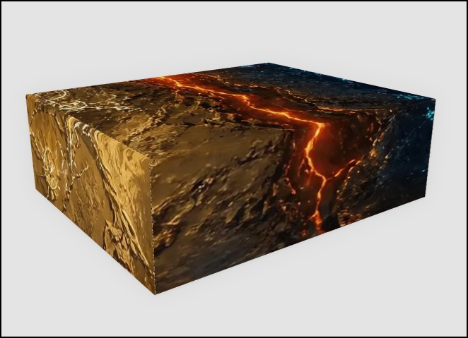 The box the collector's edition ships in — printed edge to edge with the planet's surface, a burning seam running across the lid from the gold light side into the dark side.